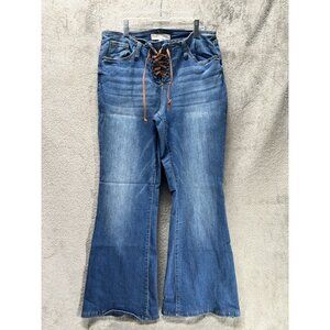 Almost Famous Jeans Women’s Size 11 Front Tie Boot Cut Denim Blue Stretch Retro